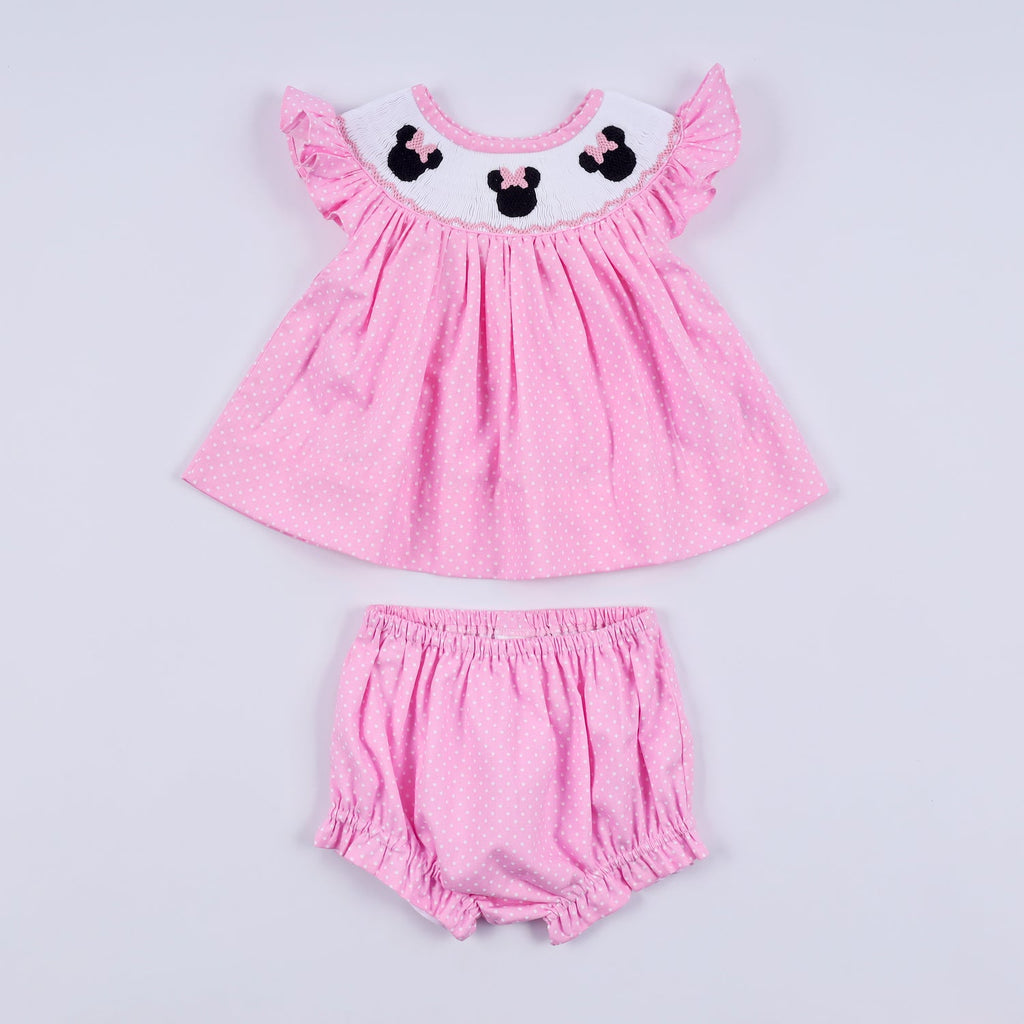 PINK CHARACTER HAND SMOCKED DOT RUFFLE BLOOMER SET