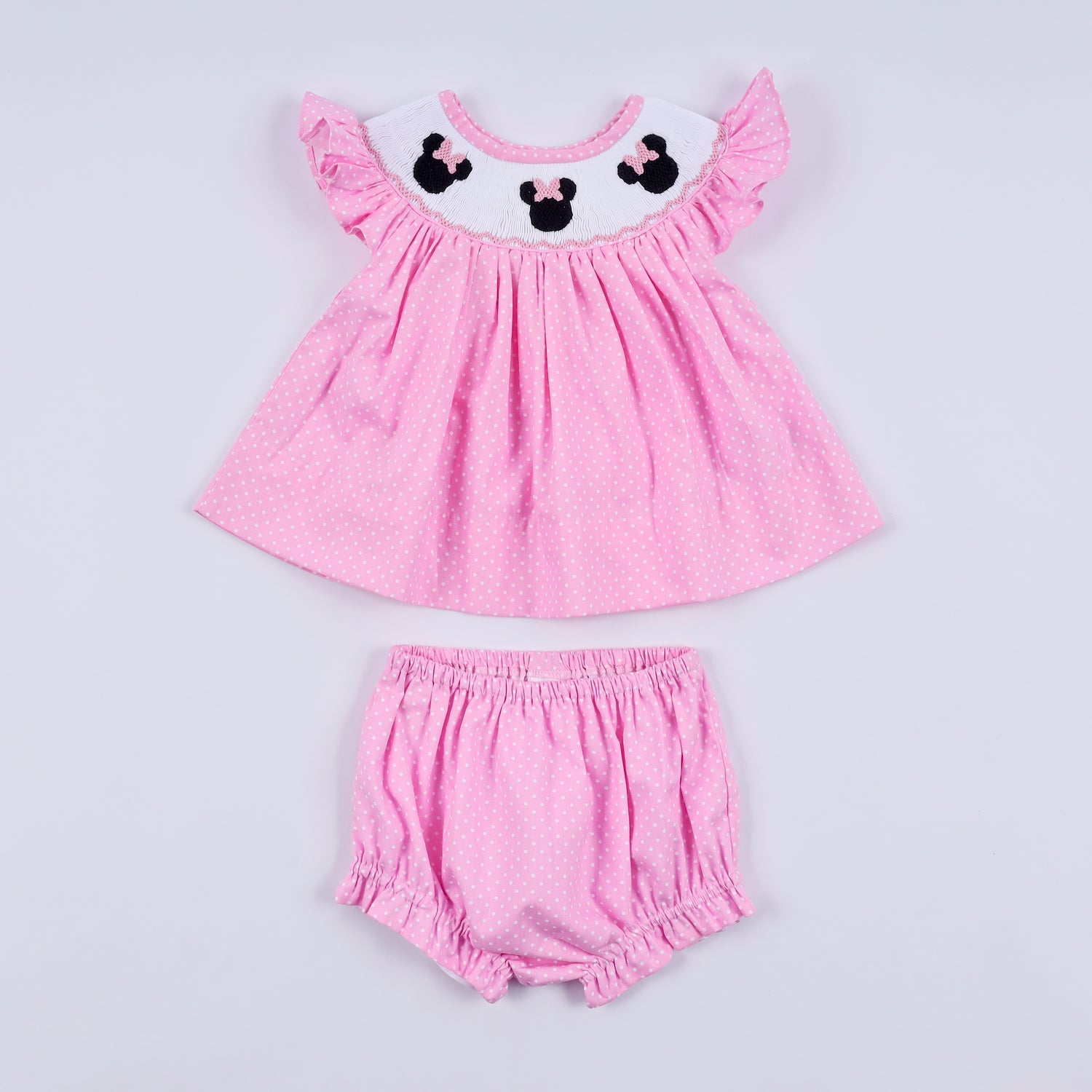 PINK CHARACTER HAND SMOCKED DOT RUFFLE BLOOMER SET