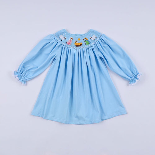 BLUE NATIVITY HAND SMOCKED DRESS