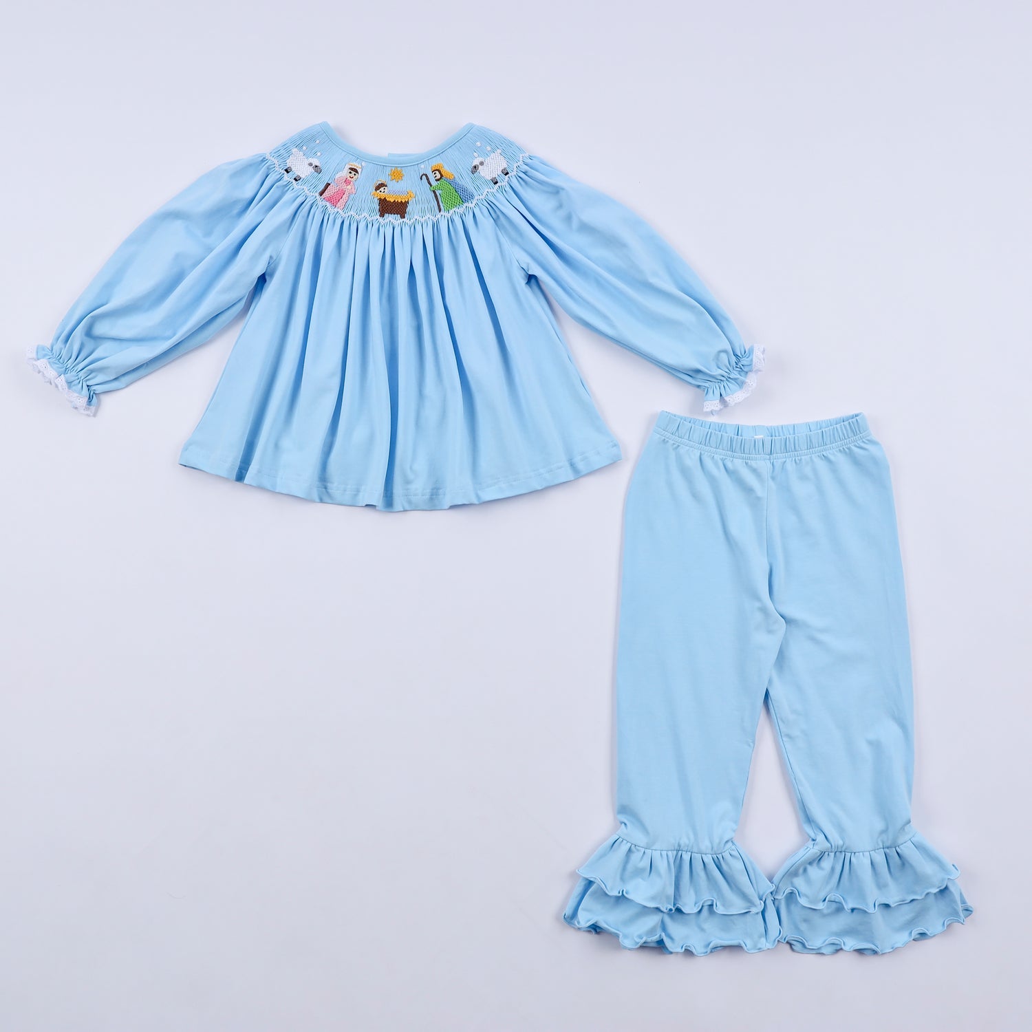 BLUE NATIVITY HAND SMOCKED RUFFLE PANTS SET