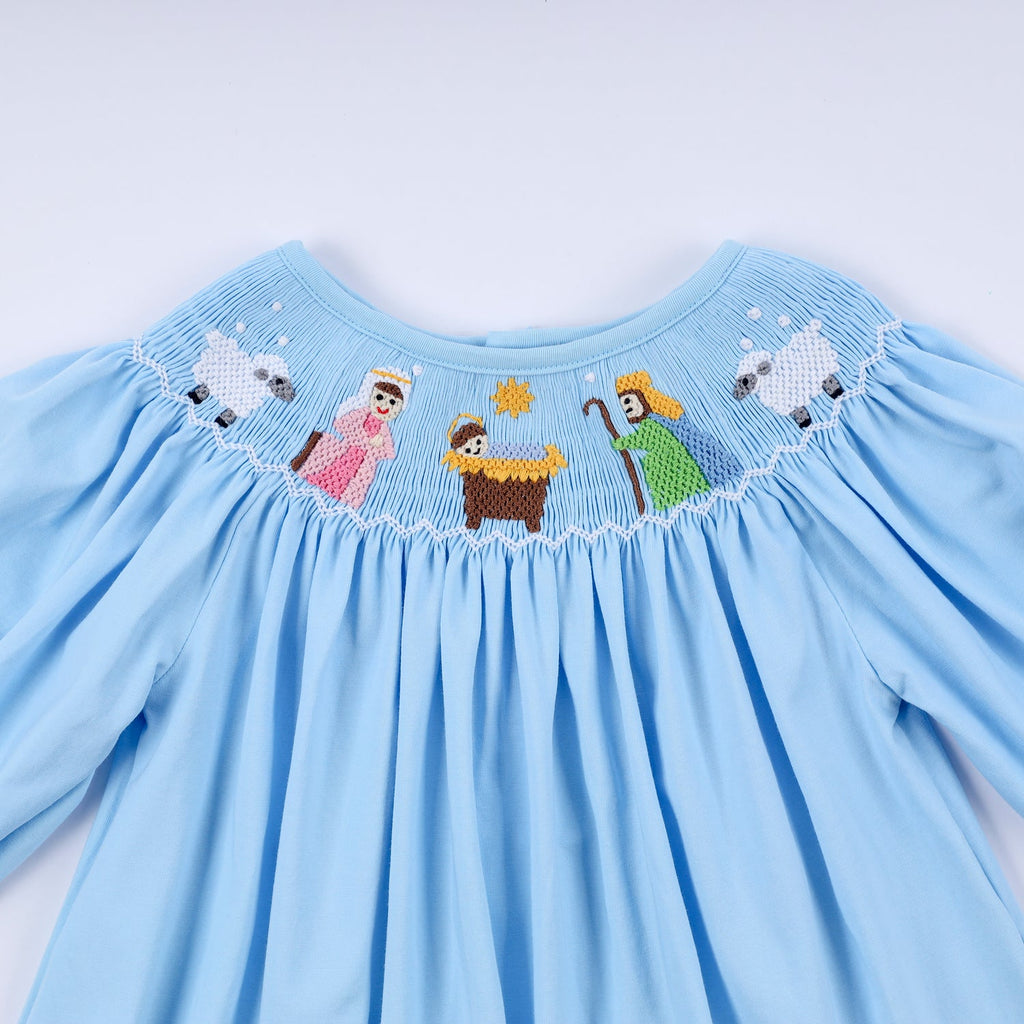 BLUE NATIVITY HAND SMOCKED RUFFLE PANTS SET