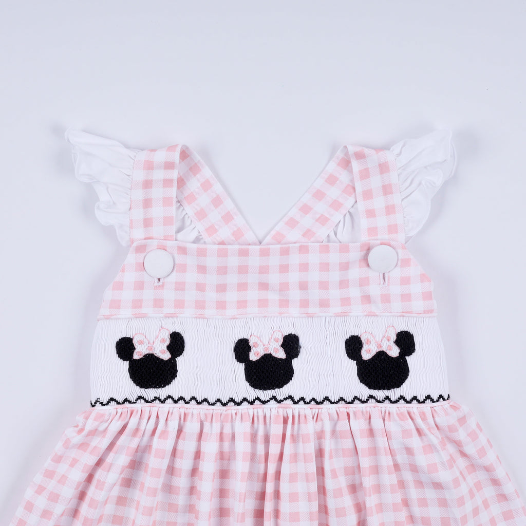 Pink character hand smocked gingham ruffle dress