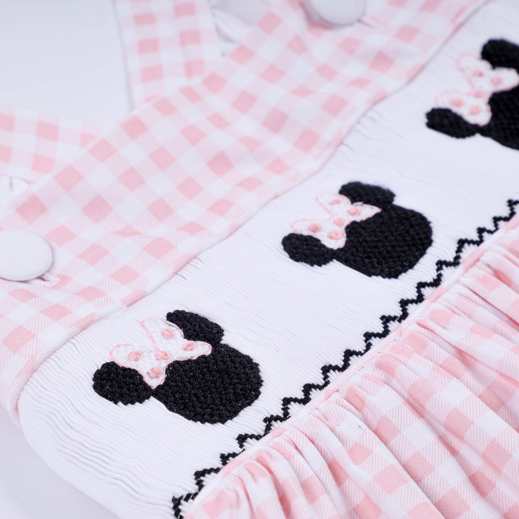 Pink character hand smocked gingham ruffle dress