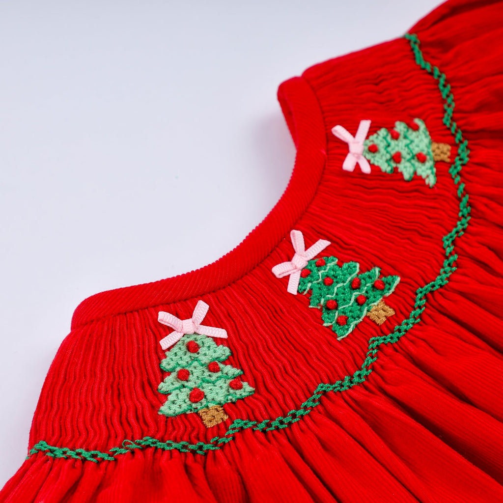 RED CHRISTMAS TREE HAND SMOCKED ROMPER