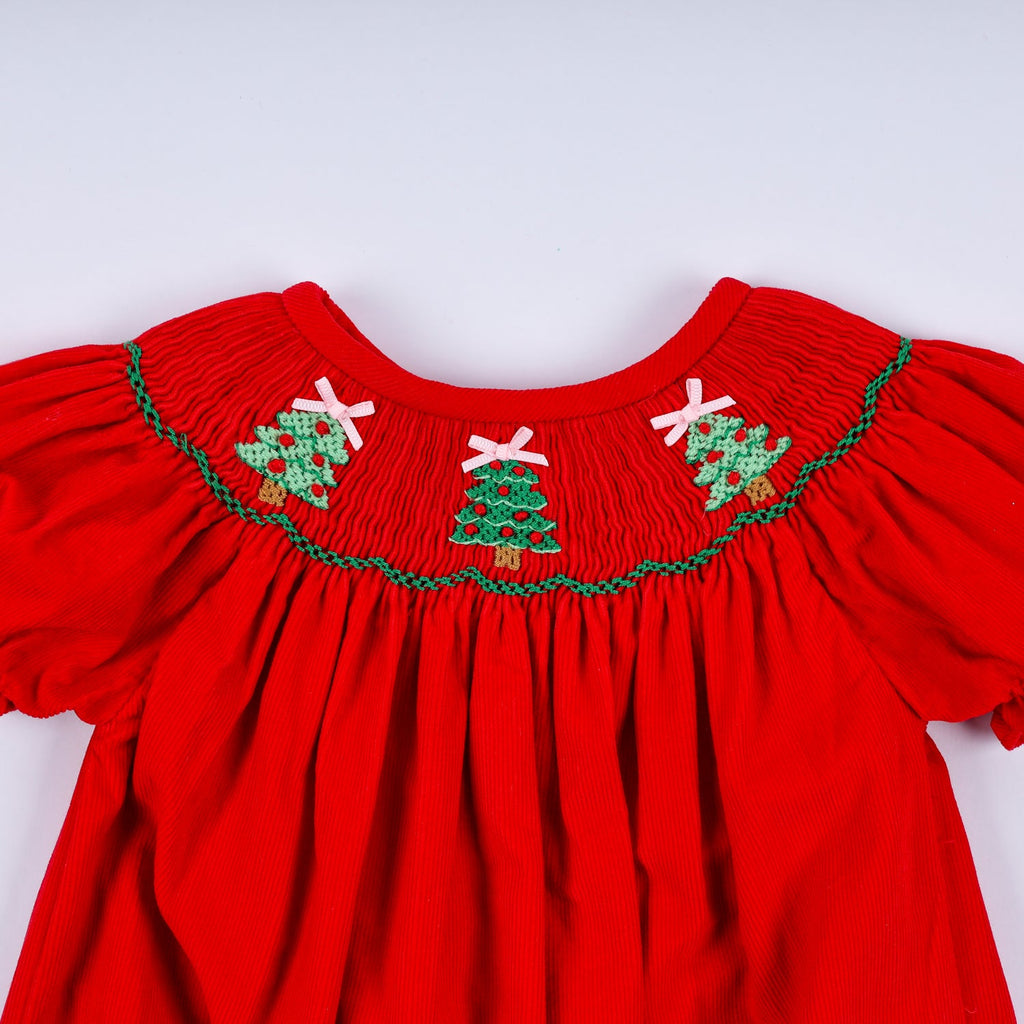 RED CHRISTMAS TREE HAND SMOCKED ROMPER