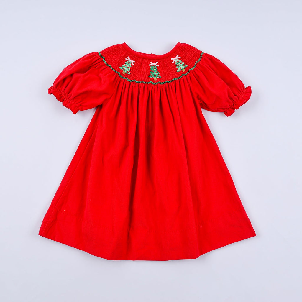 RED CHRISTMAS TREE HAND SMOCKED DRESS