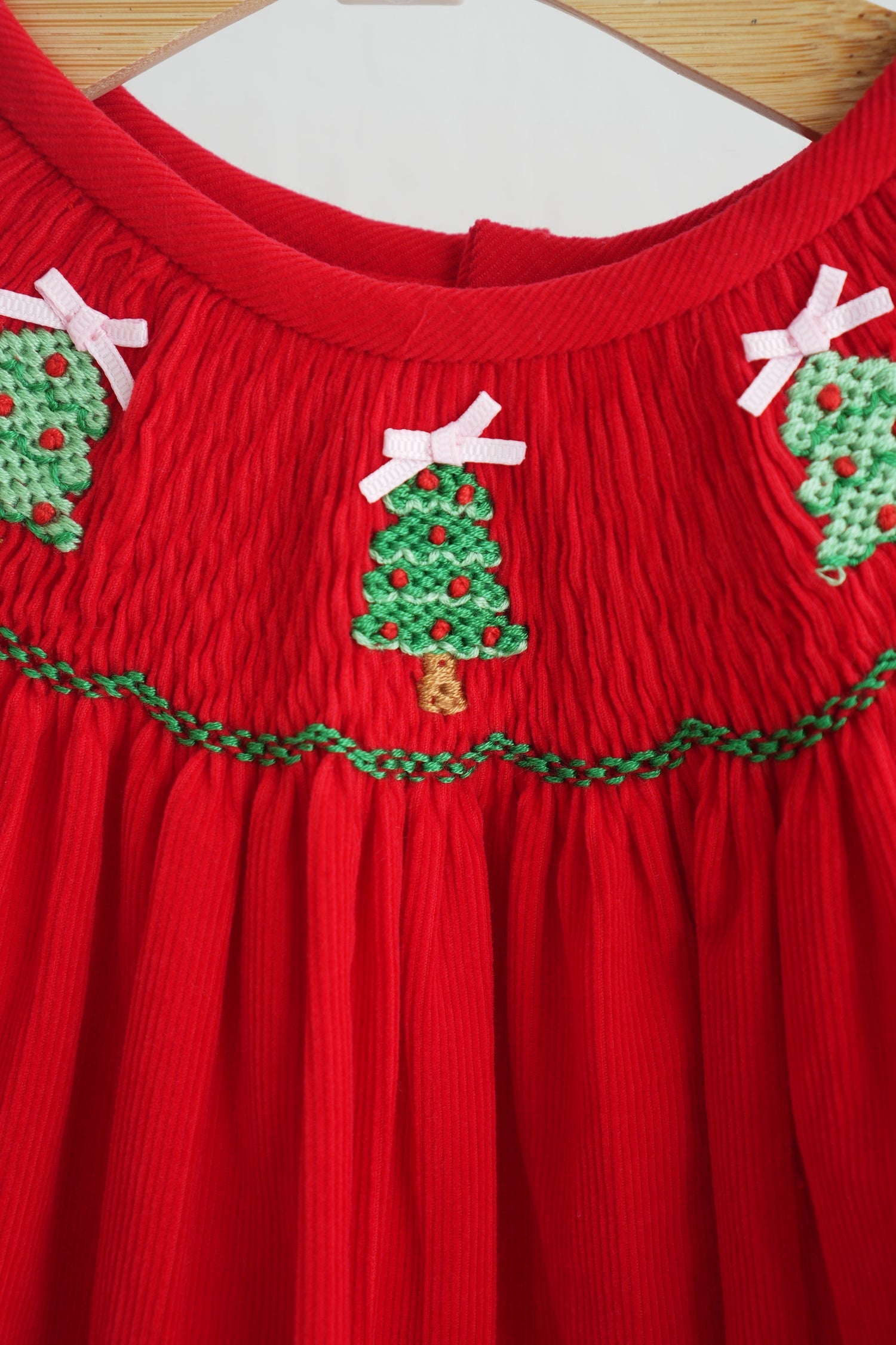 RED CHRISTMAS TREE HAND SMOCKED BLOOMER SET