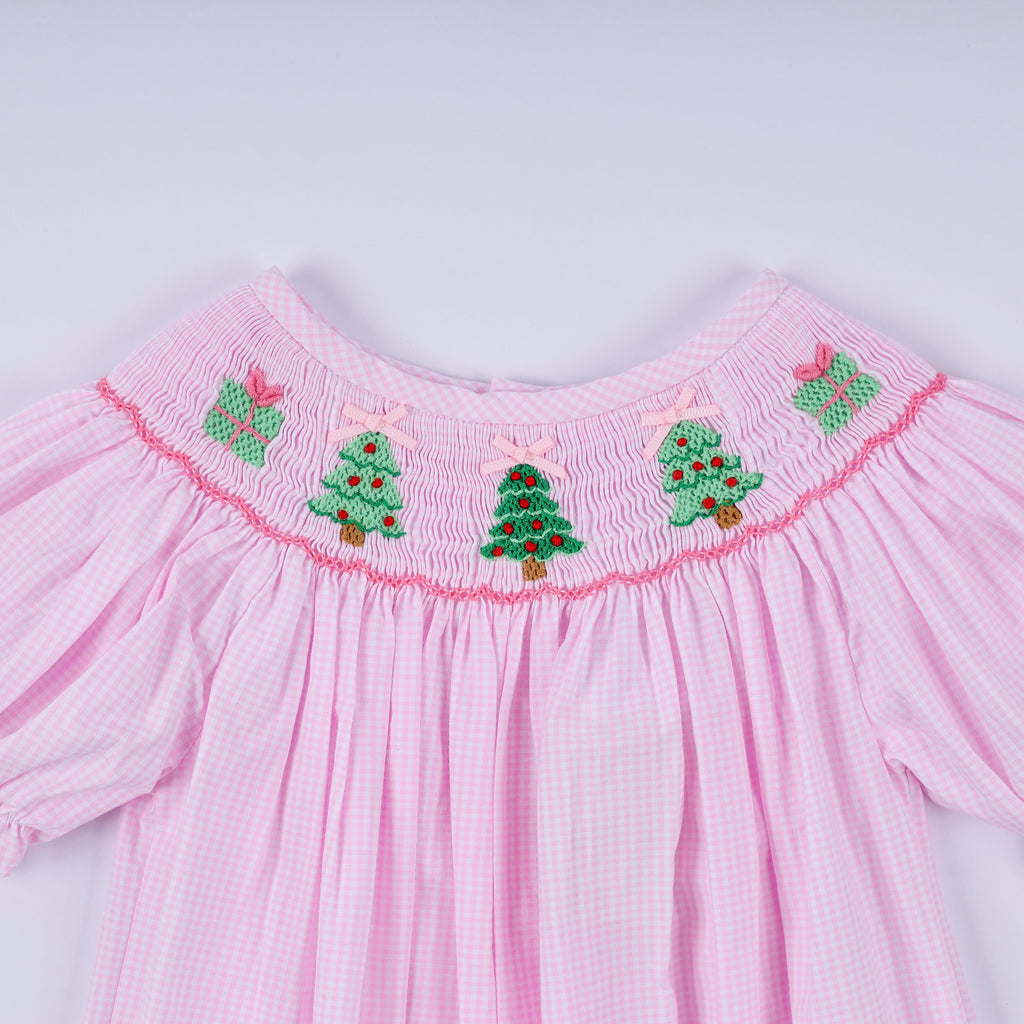 Pink christmas tree hand smocked ruffle romper