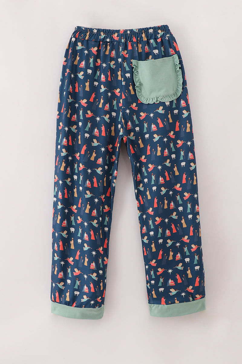 Navy nativity print mom pajamas pants