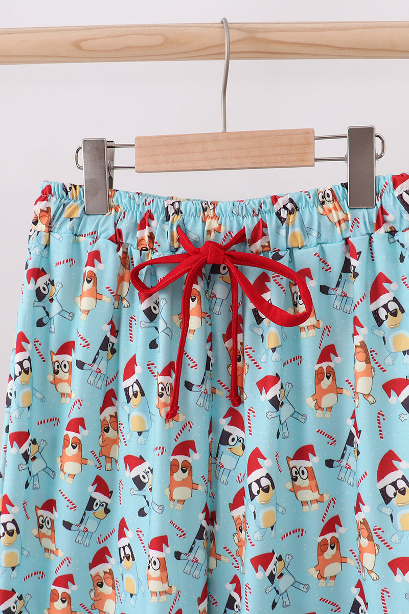 Blue christmas character print mom pajamas pants
