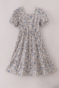 Blue vintage floral print tiered mom dress
