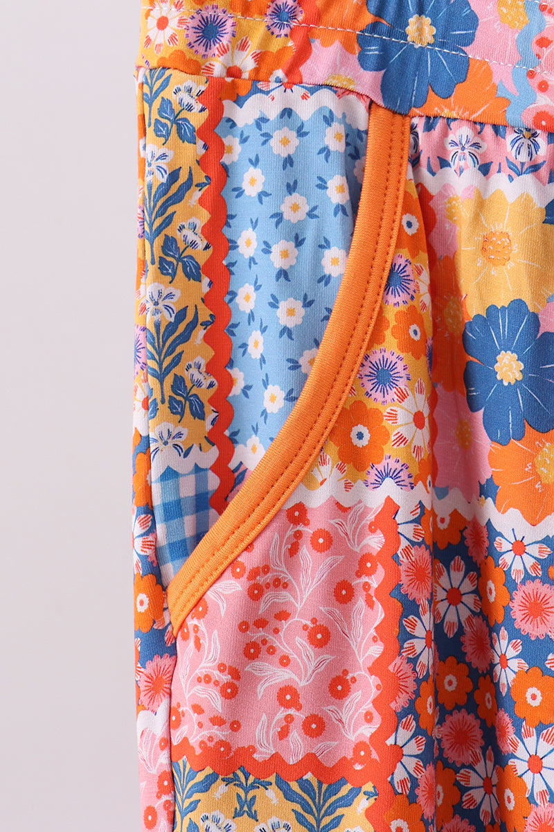 Orange floral patchwork bamboo women pants