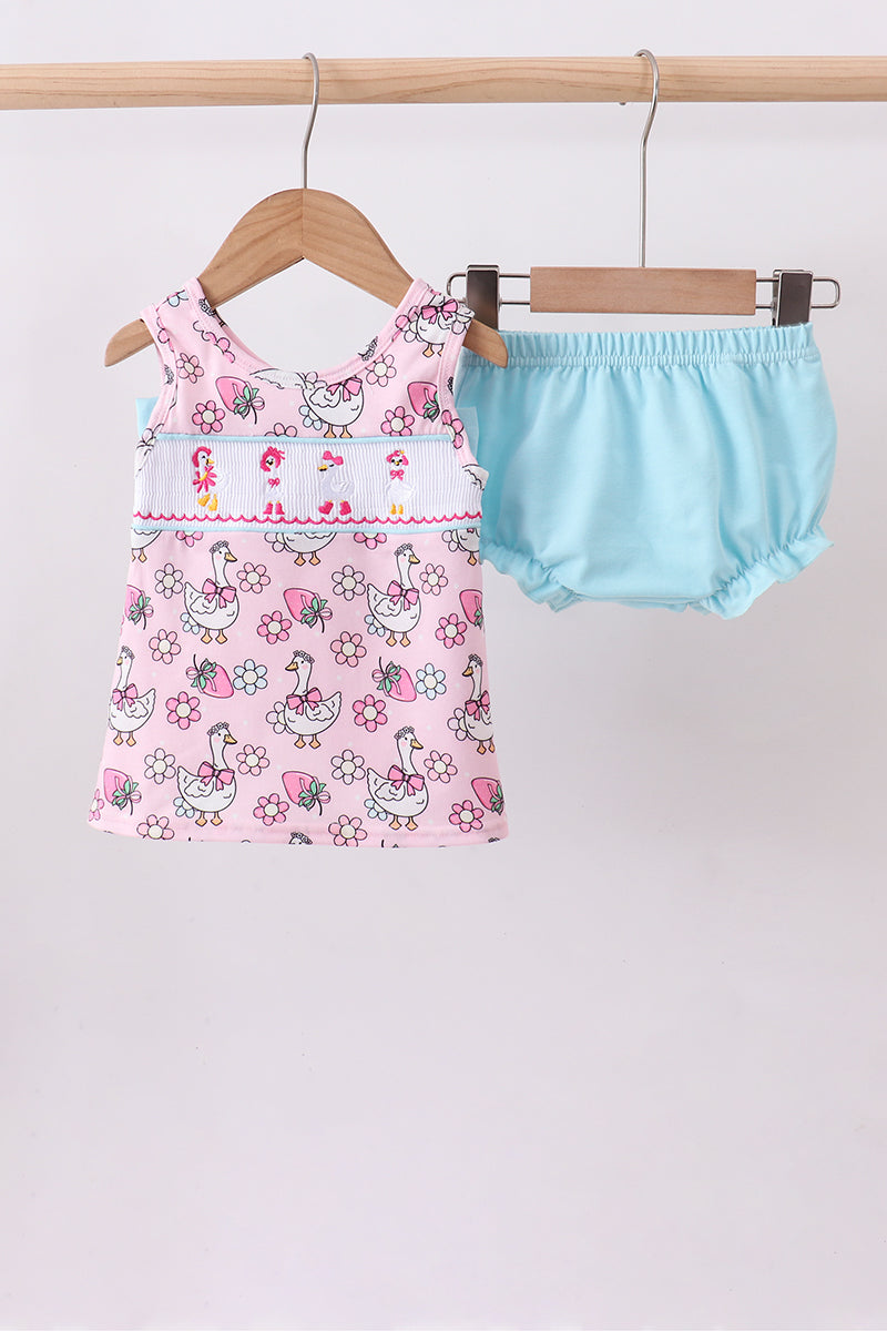 PINK GOOSE SMOCKED BLOOMER SET