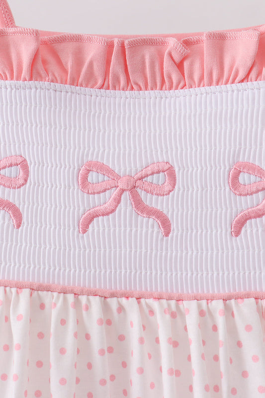 Pink bow smocked dot ruffle dress