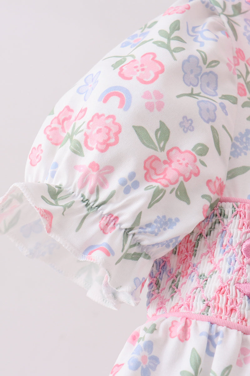 Pink floral bow smocked ruffle dress