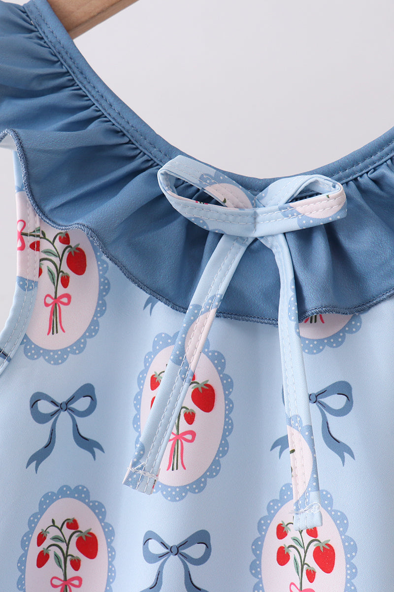 BLUE STRAWBERRY BOW RUFFLE ONE-PIECE SWIMSUIT