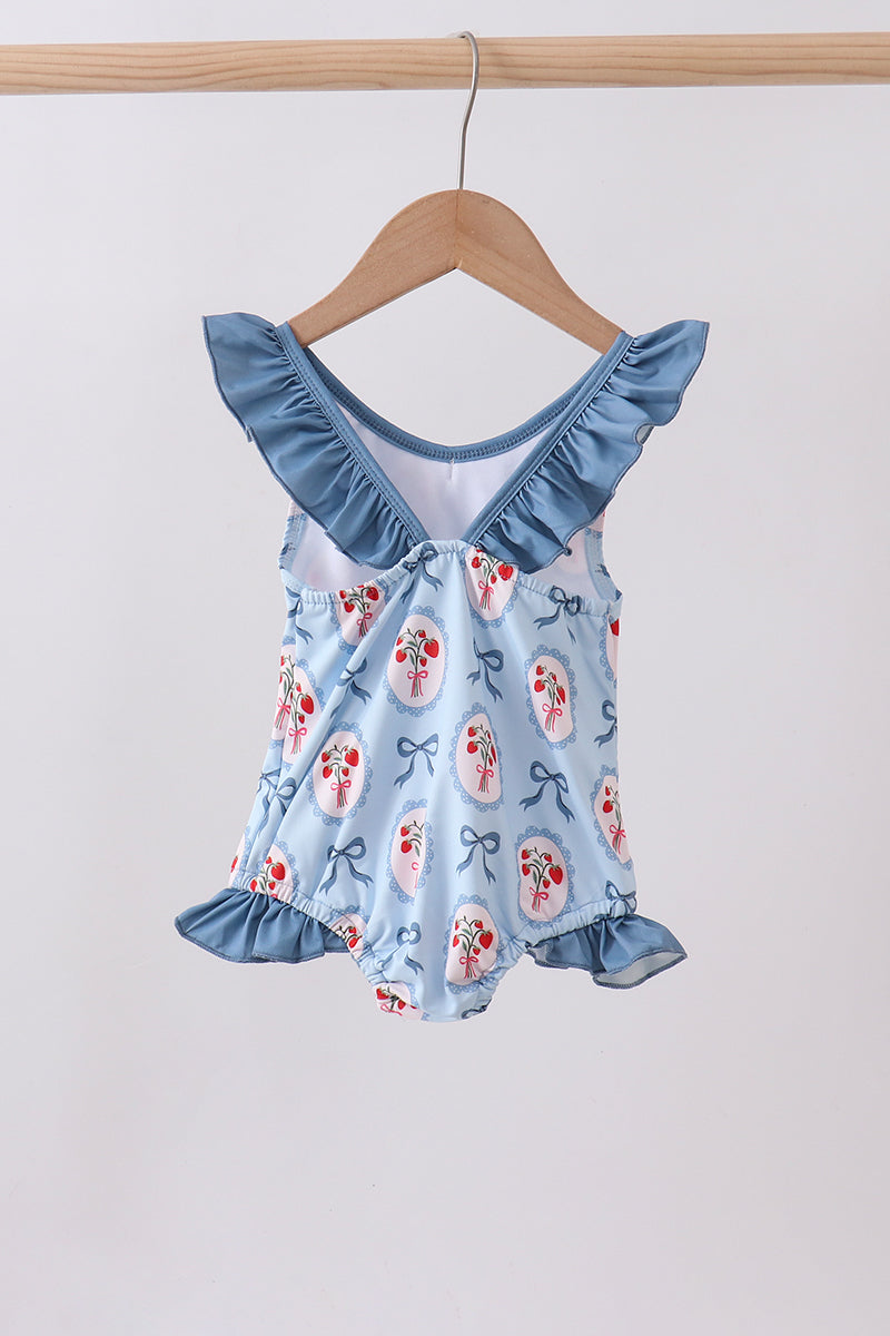 BLUE STRAWBERRY BOW RUFFLE ONE-PIECE SWIMSUIT