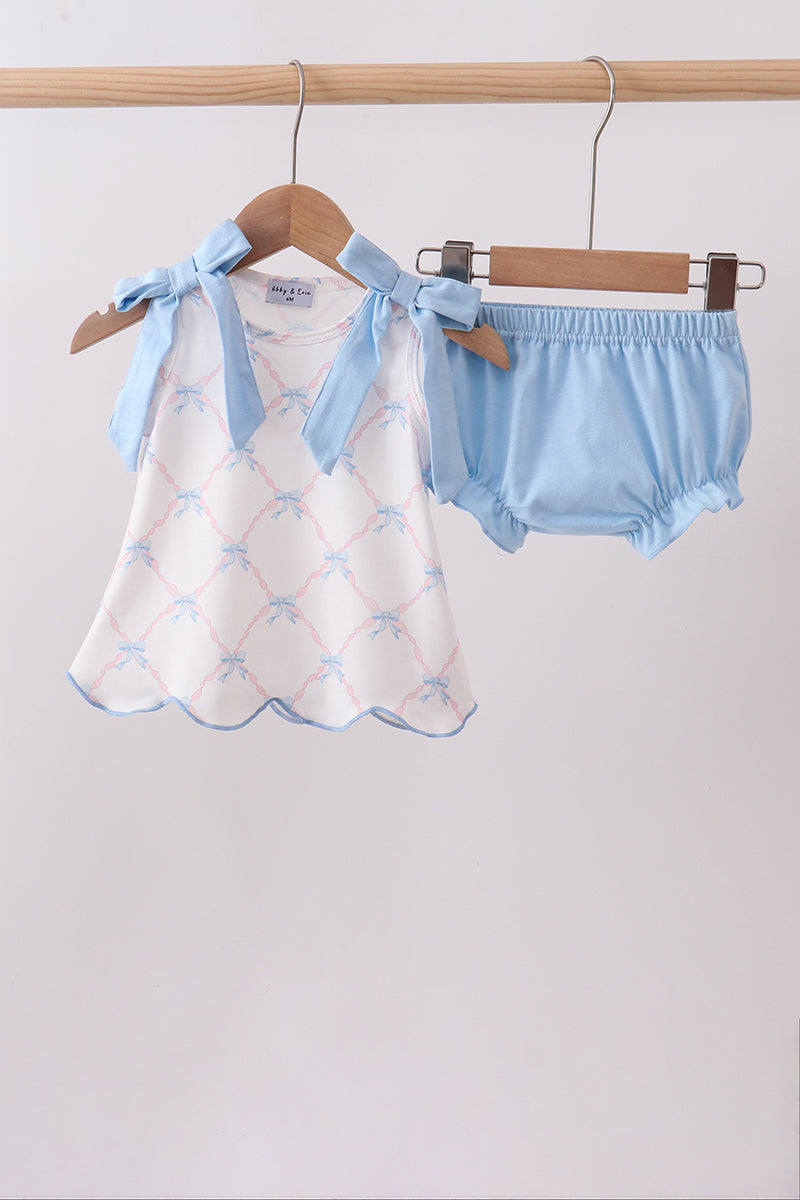 BLUE BOW RIBBON PRINT BLOOMER SET