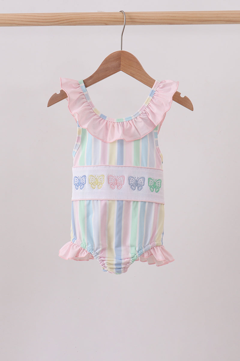 RAINBOW STRIPE BUTTERFLY SMOCKED RUFFLE ONE-PIECE SWIMSUIT