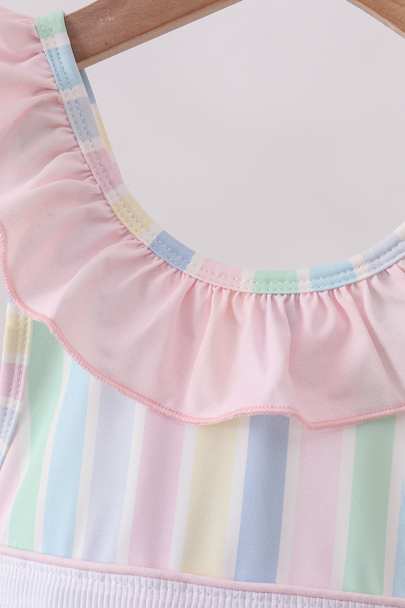 RAINBOW STRIPE BUTTERFLY SMOCKED RUFFLE ONE-PIECE SWIMSUIT