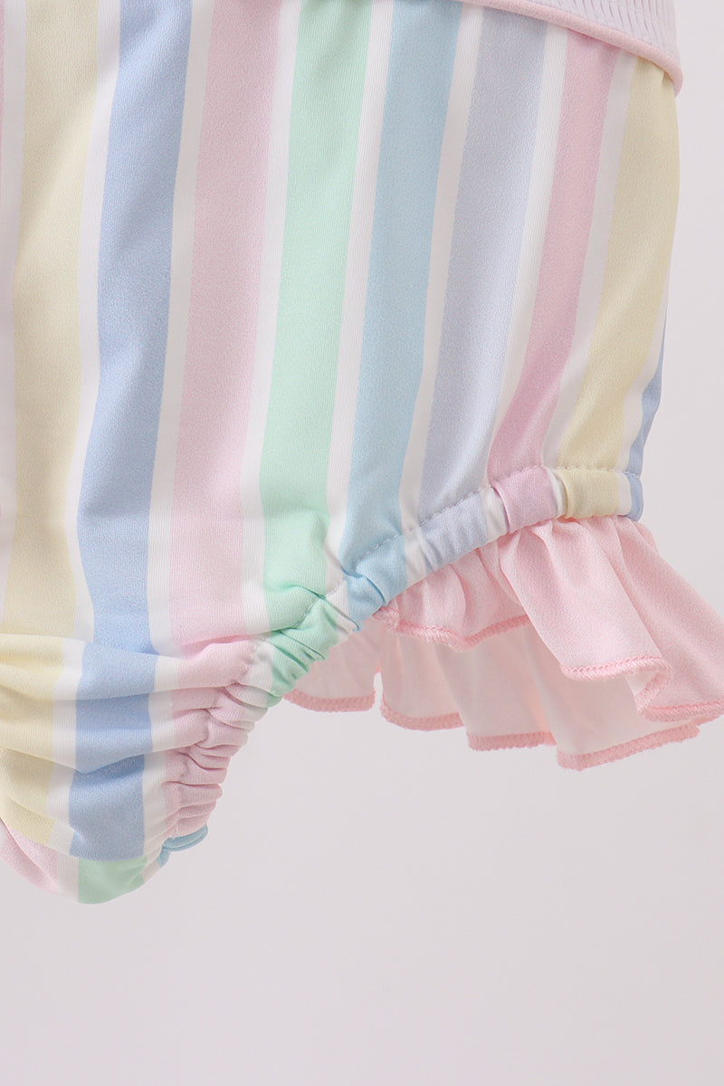 RAINBOW STRIPE BUTTERFLY SMOCKED RUFFLE ONE-PIECE SWIMSUIT