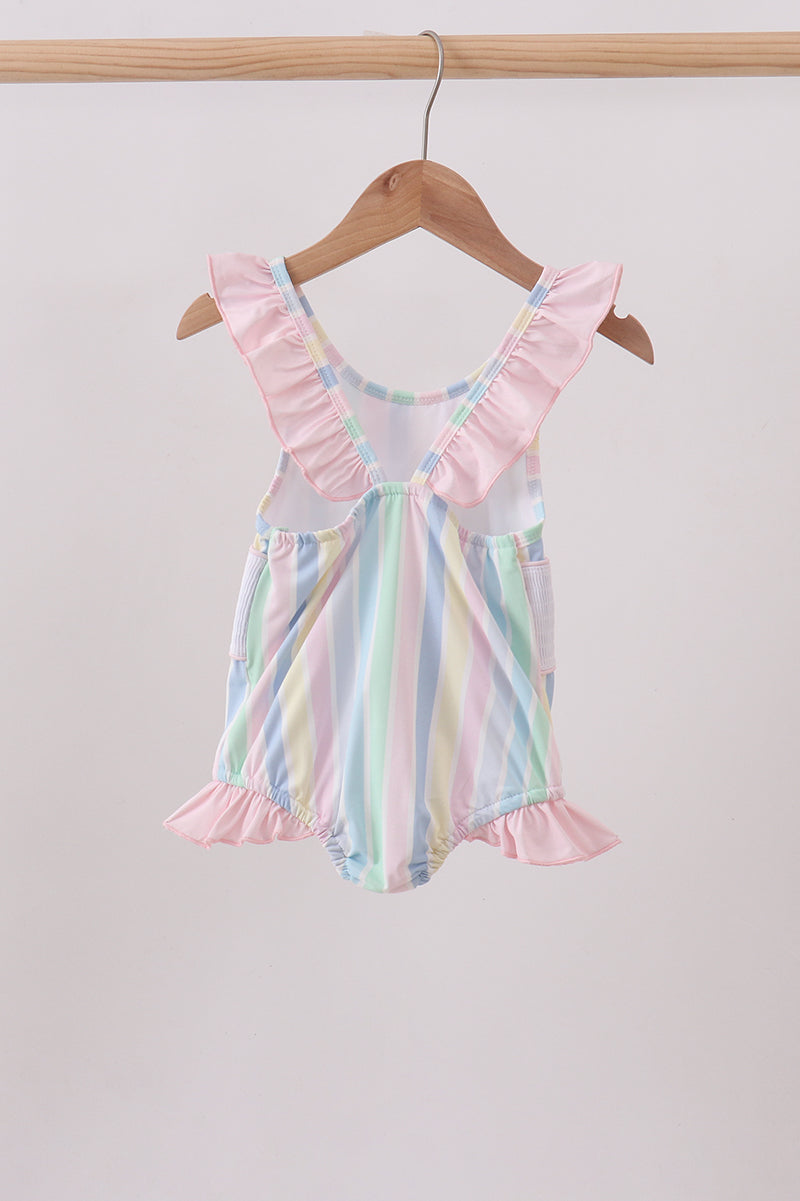 RAINBOW STRIPE BUTTERFLY SMOCKED RUFFLE ONE-PIECE SWIMSUIT
