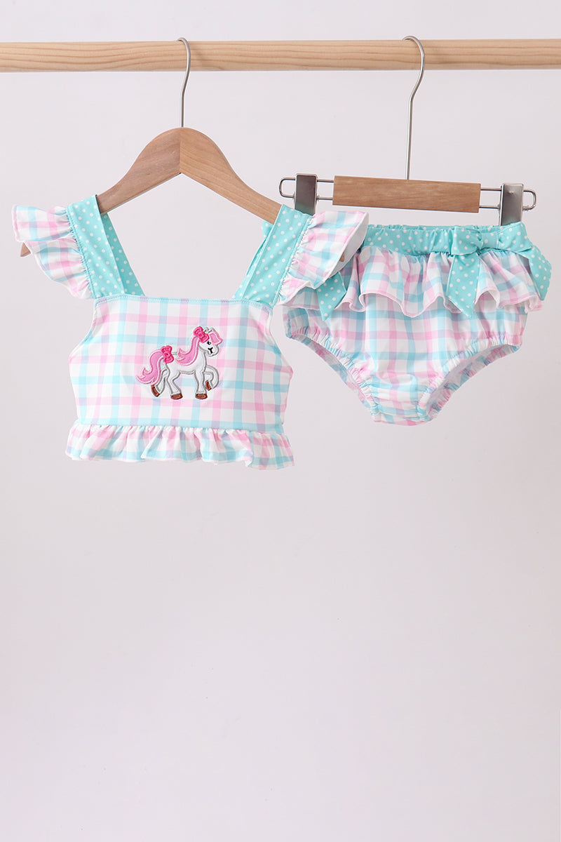 GREEN PLAID HORSE APPLIQUE 2PC SWIMSUIT