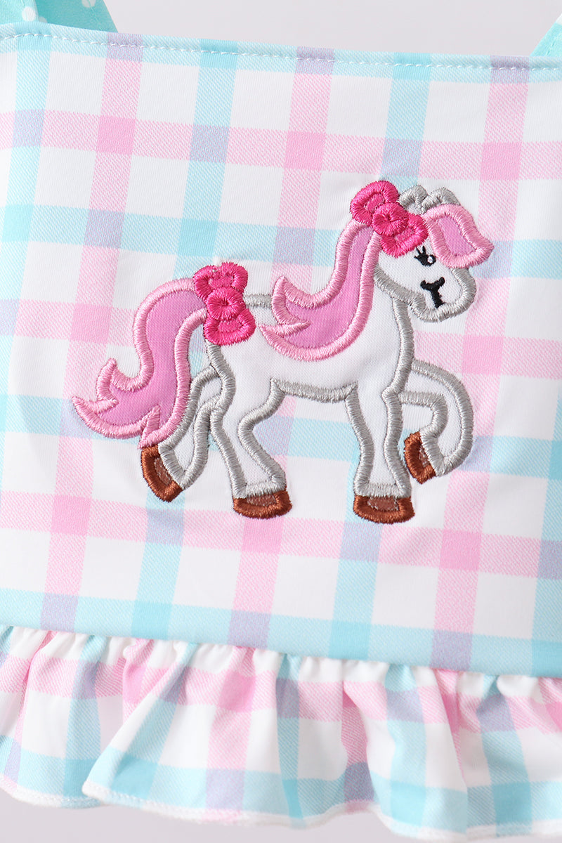 GREEN PLAID HORSE APPLIQUE 2PC SWIMSUIT