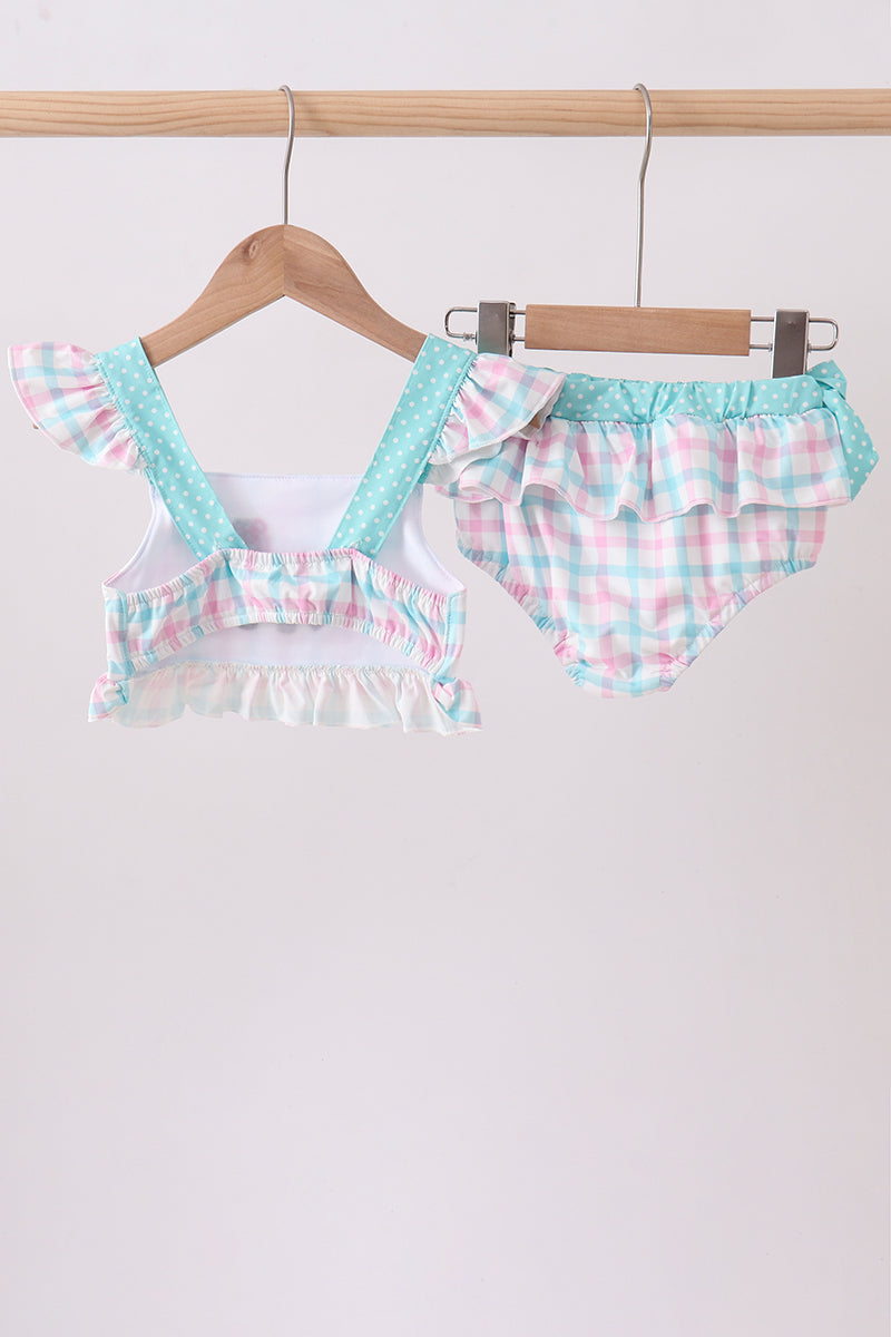 GREEN PLAID HORSE APPLIQUE 2PC SWIMSUIT