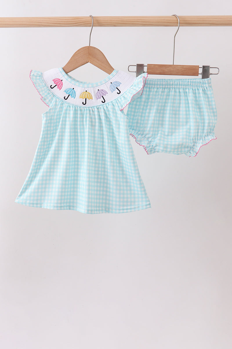 BLUE UMBRELLA SMOCKED BLOOMER SET