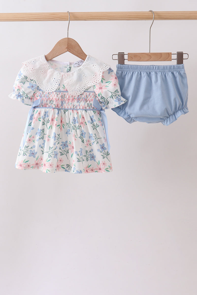BLUE FLORAL SMOCKED RUFFLE BLOOMER SET