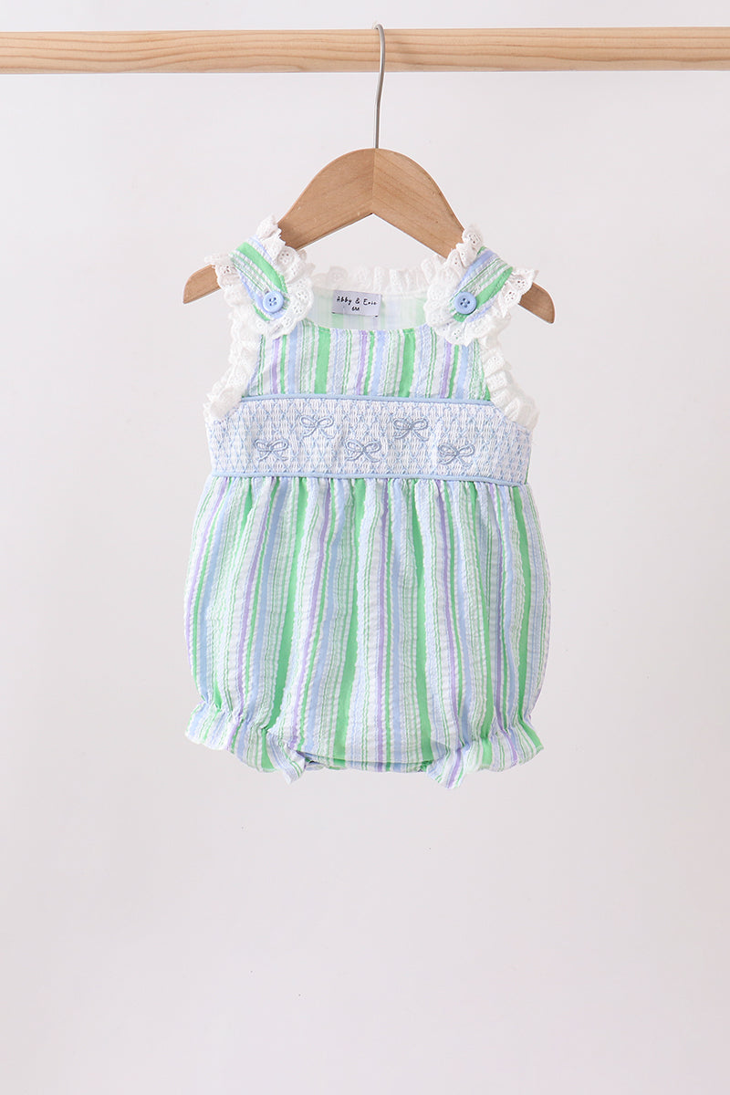 GREEN STRIPE SMOCKED BOW SEERSUCKER BUBBLE