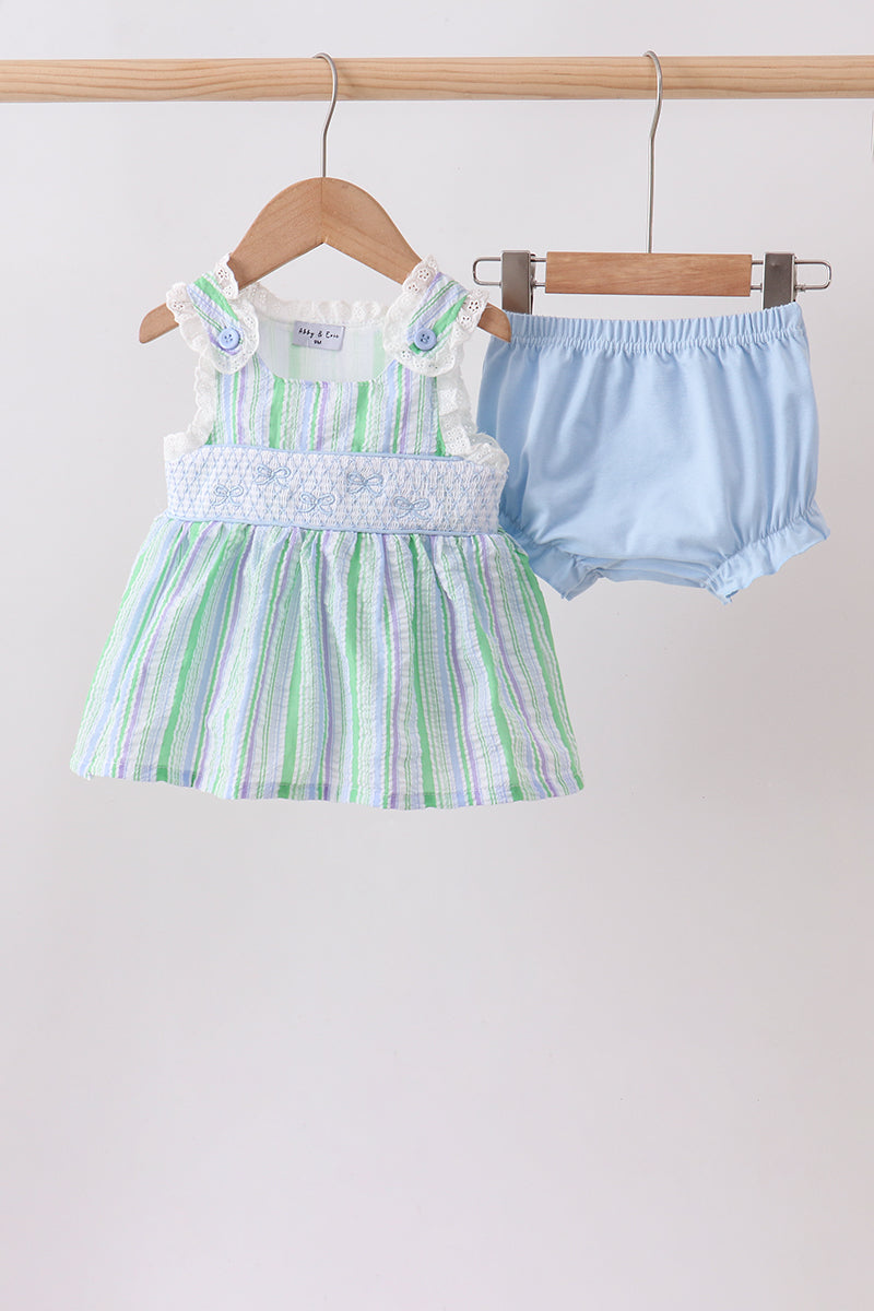 GREEN STRIPE SMOCKED BOW SEERSUCKER BLOOMER SET