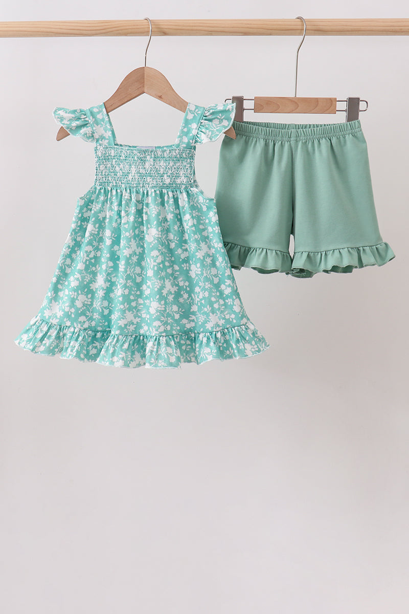 SAGE FLORAL SMOCKED SET