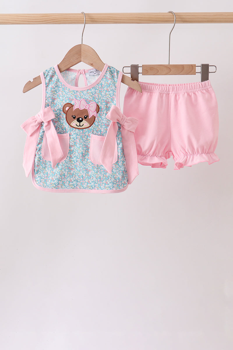GREEN BEAR FLORAL APPLIQUE BLOOMER SET