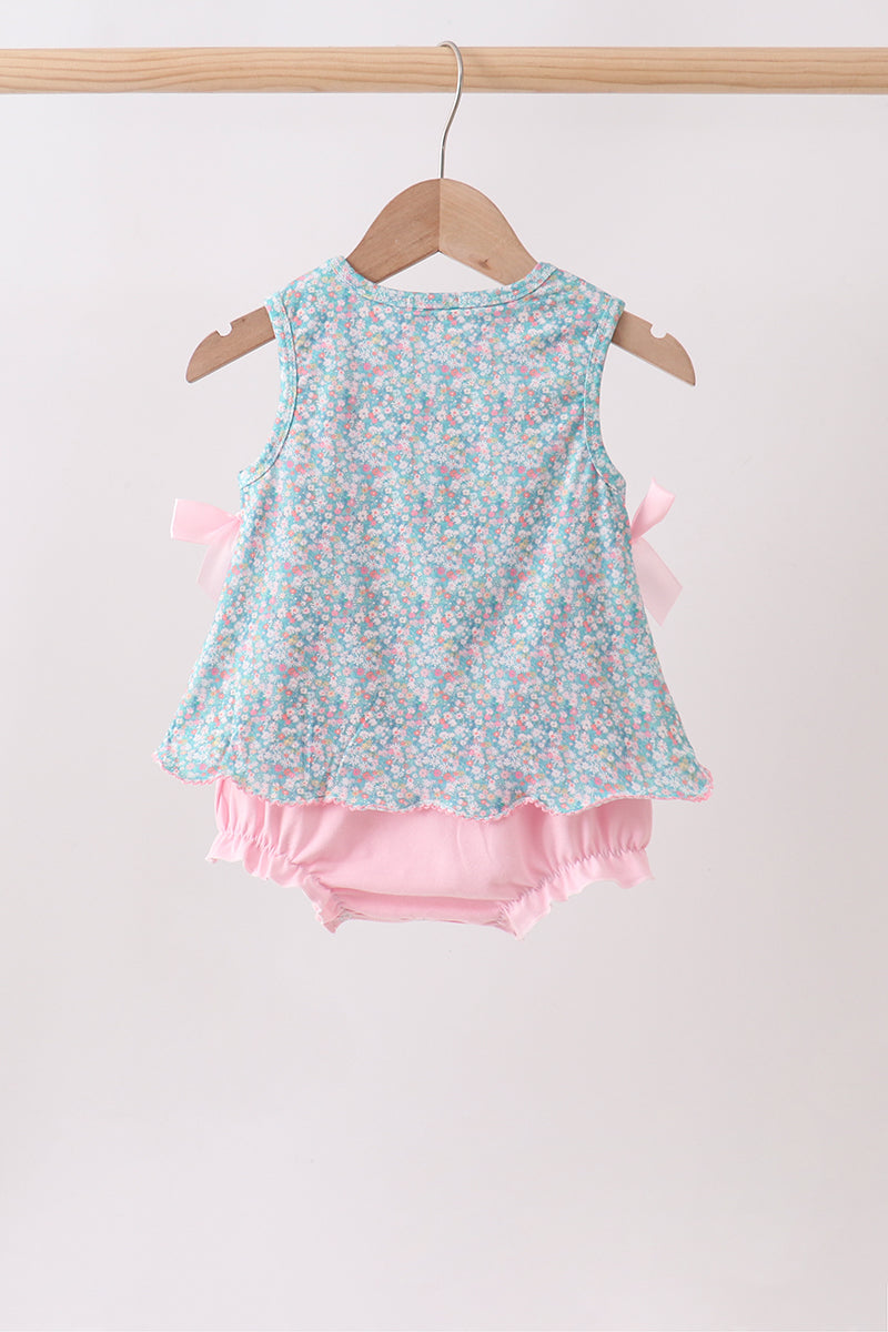 GREEN BEAR FLORAL APPLIQUE BLOOMER SET