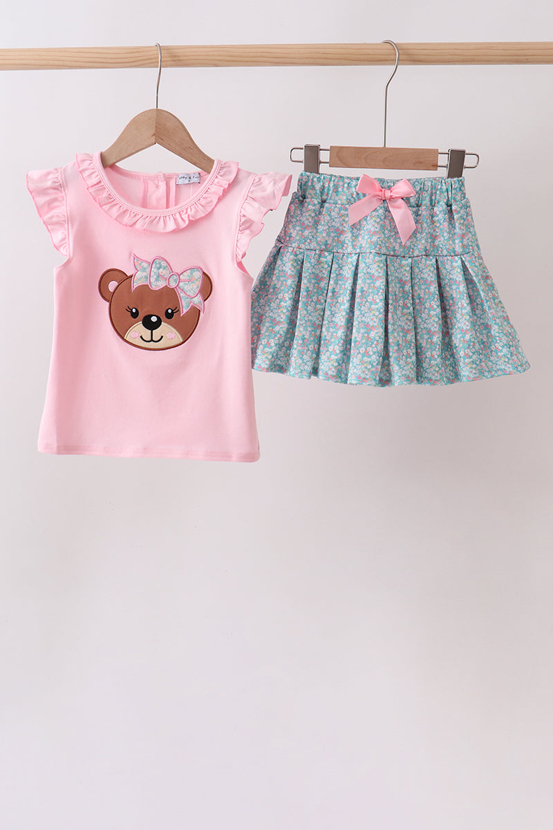 PINK BEAR FLORAL APPLIQUE SKORTS SET
