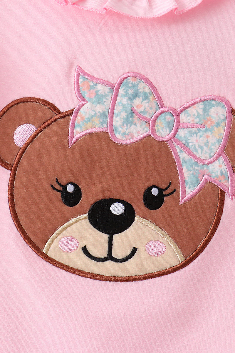 PINK BEAR FLORAL APPLIQUE SKORTS SET