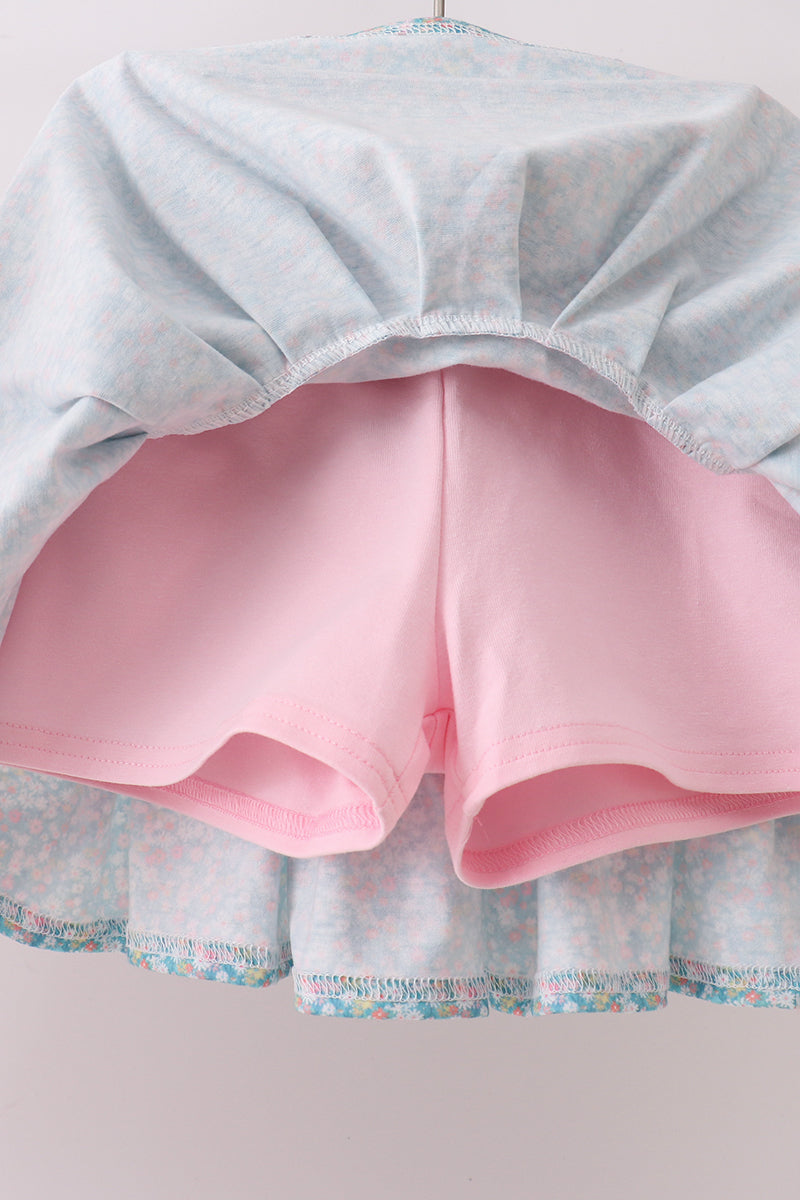 PINK BEAR FLORAL APPLIQUE SKORTS SET