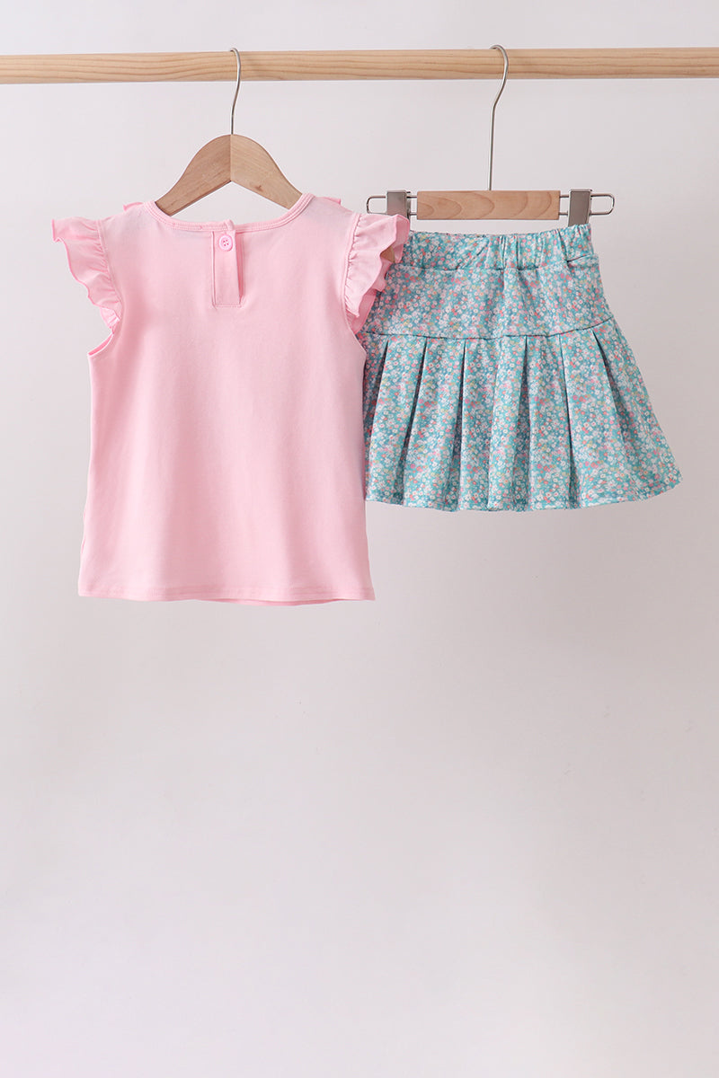 PINK BEAR FLORAL APPLIQUE SKORTS SET