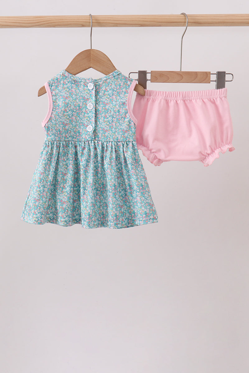 GREEN FLORAL SMOCKED BLOOMER SET