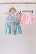 GREEN FLORAL SMOCKED BLOOMER SET
