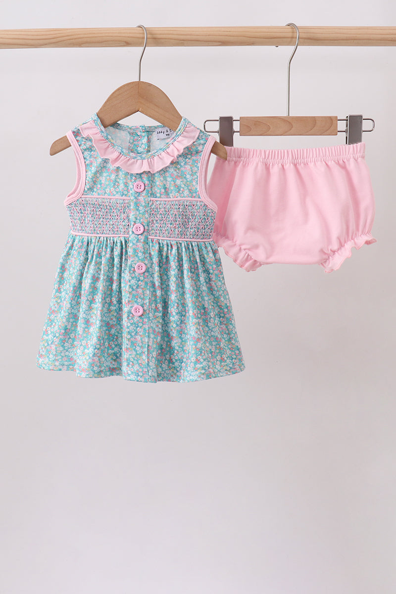 GREEN FLORAL SMOCKED BLOOMER SET