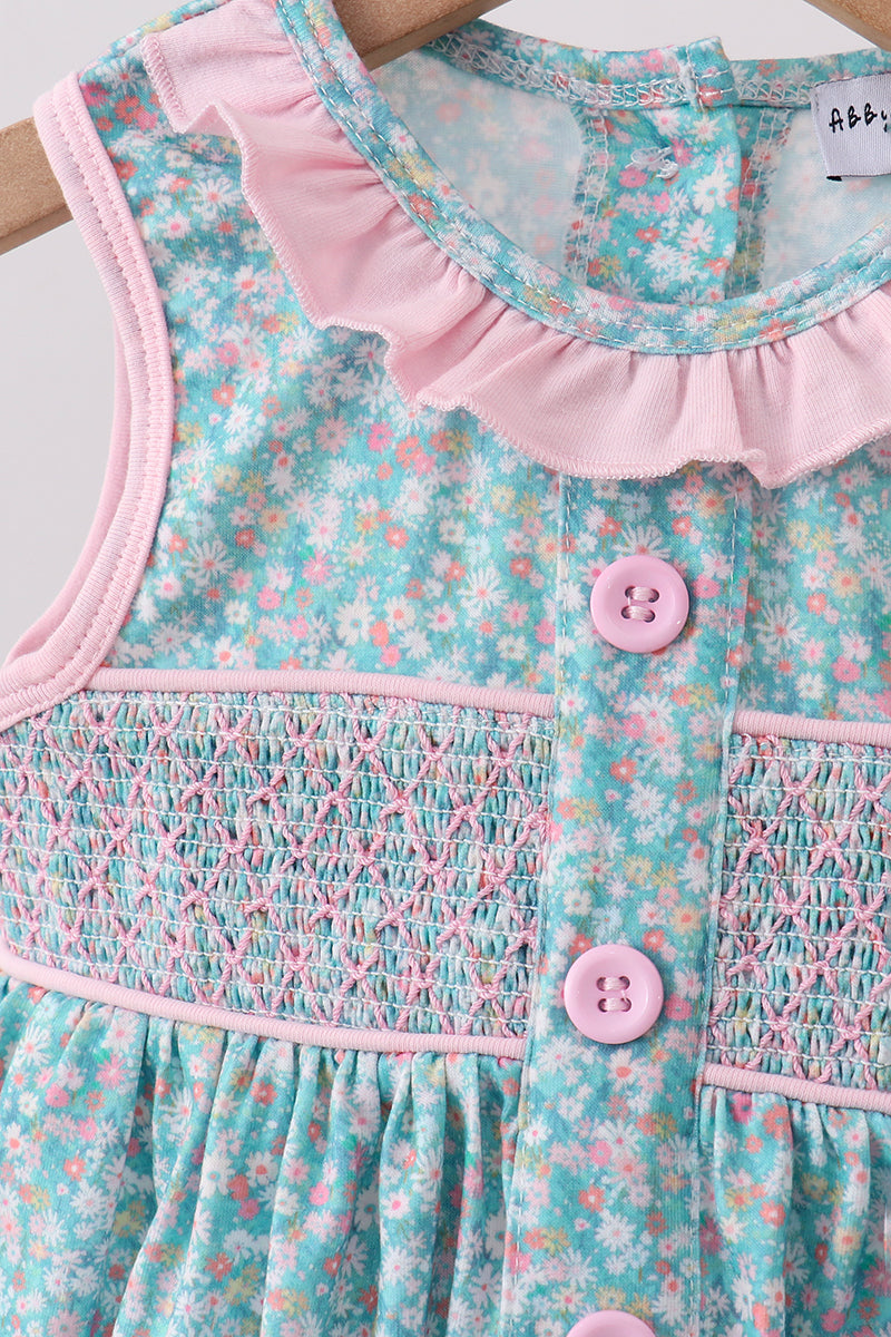 GREEN FLORAL SMOCKED BLOOMER SET