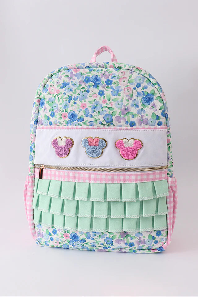 BLUE FLORAL CHARACTER FRENCH KNOT RUFFLE BACKPACK