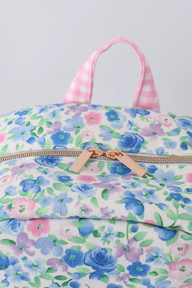 BLUE FLORAL CHARACTER FRENCH KNOT RUFFLE BACKPACK