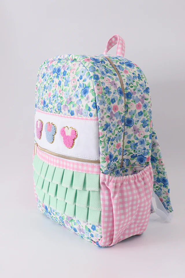 BLUE FLORAL CHARACTER FRENCH KNOT RUFFLE BACKPACK