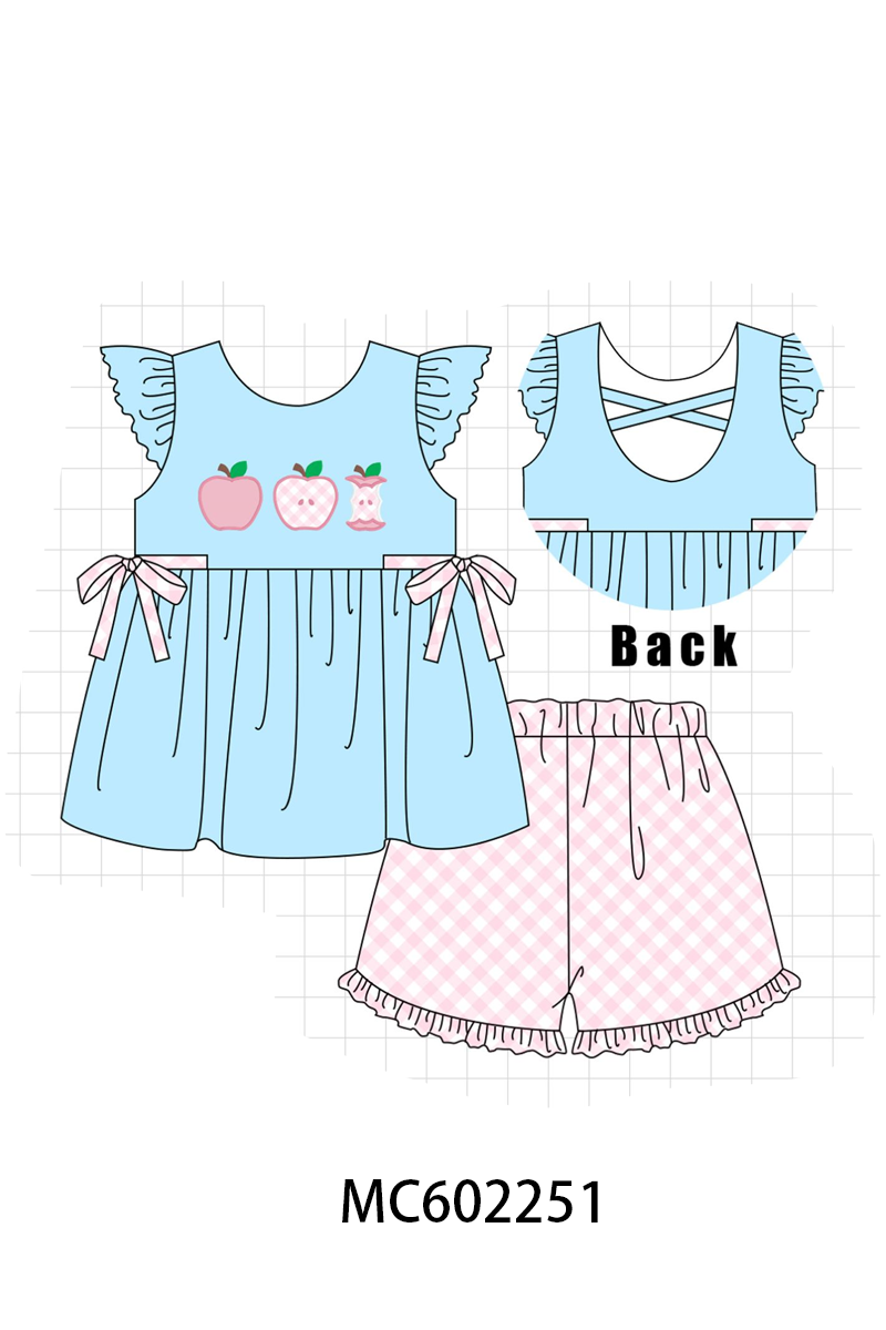 BLUE APPLE APPLIQUE SHORTS SET