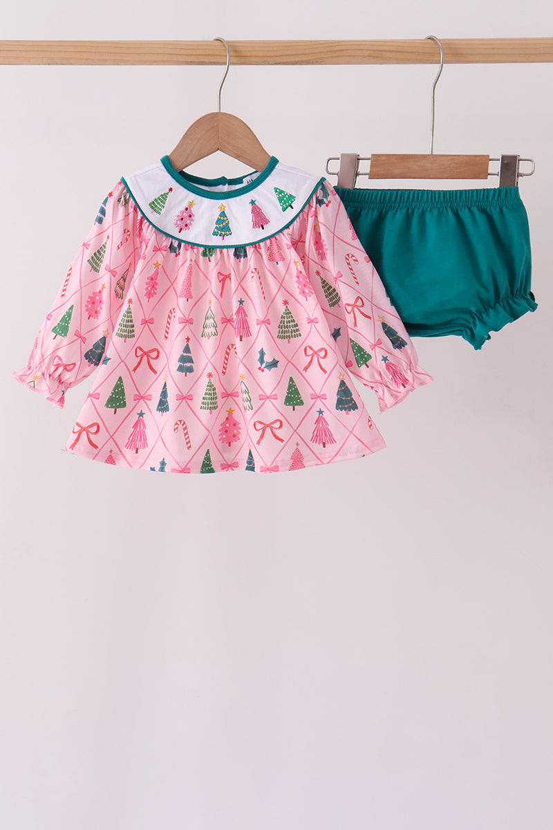 Pink Christmas Tree Embroidery Bloomer Set