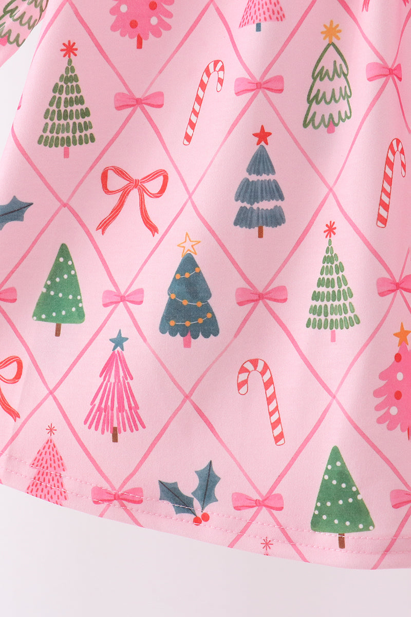 Pink Christmas Tree Embroidery Dress